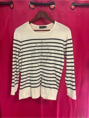 Ralph Lauren White Knit Top with Navy Stripe